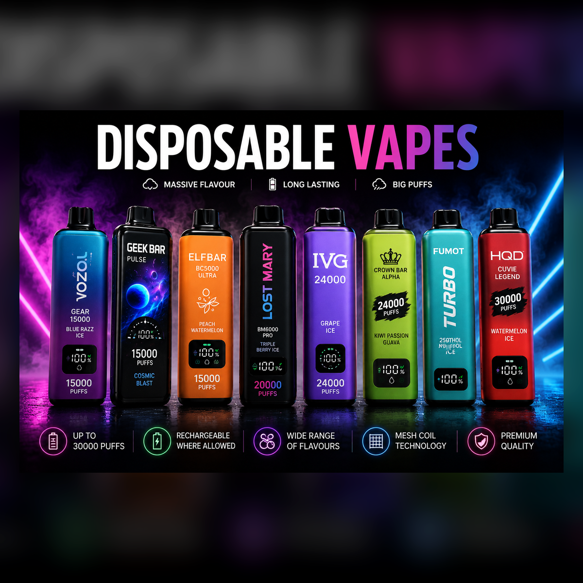 Disposable vape category poster with multiple device examples