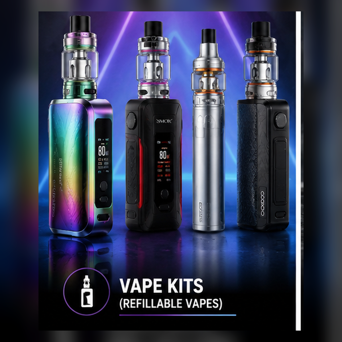 Vape kits and mods category poster showing reusable hardware and starter kits